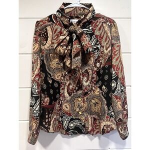 VTG Brownstone Studio Paisley Tie-Neck Blouse Top Size Petite Med. Retro Career